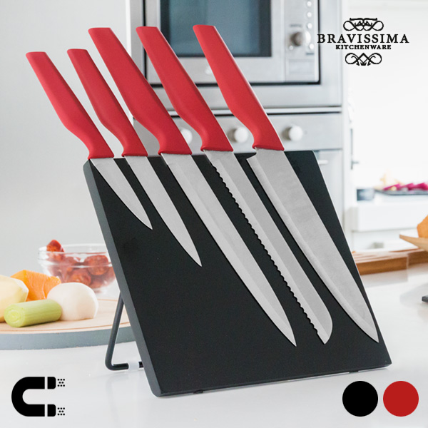 Nože s Magnetickým Stojanem Bravissima Kitchen (6 kusů) - Černý Nože s Magnetickým Stojanem Bravissima Kitchen (6 kusů) - Černý